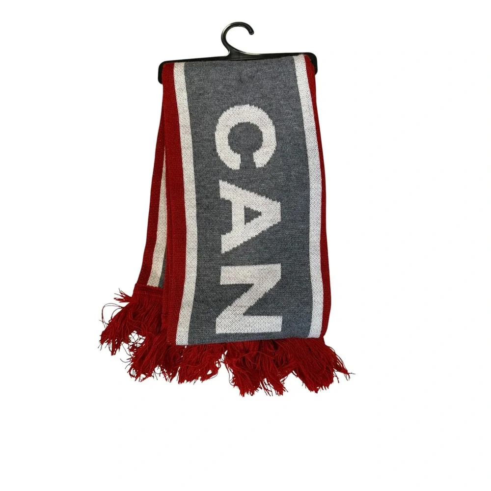 Stone Age Canada Knit Scarf Gray Red White Maple Leaf Fringe 100% Acrylic NWT